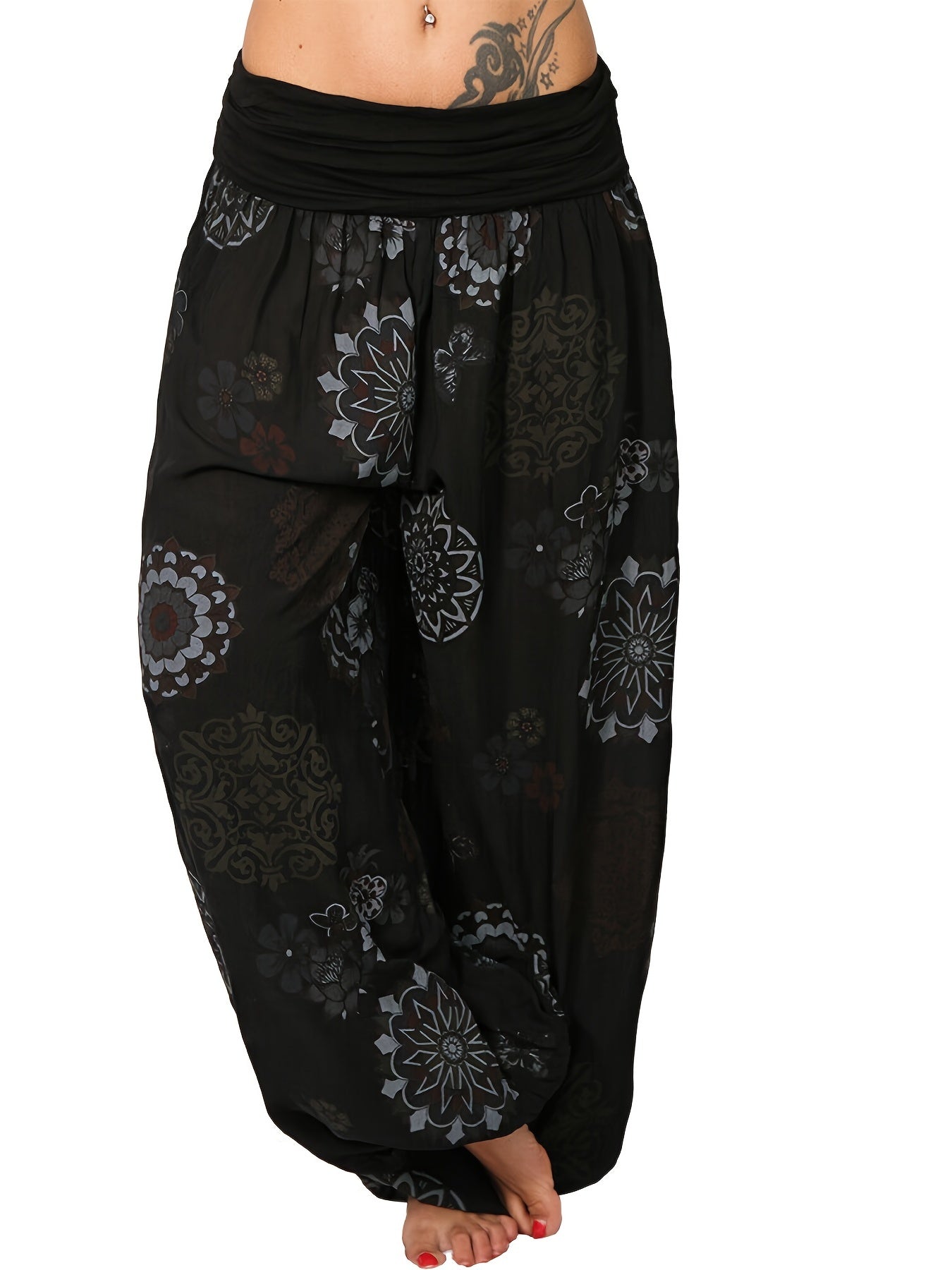 Boho Floral Print Harem Pants Elastic Waist Women's Clothing
