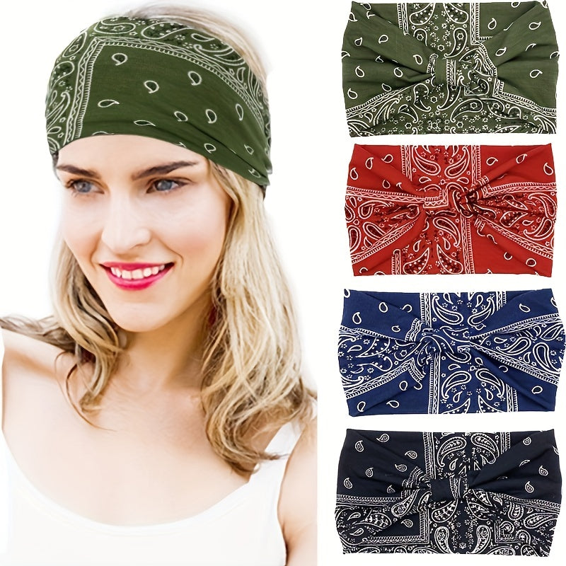Paisley Print Headband Wide Solid Stretch Sports Hair Band for Women