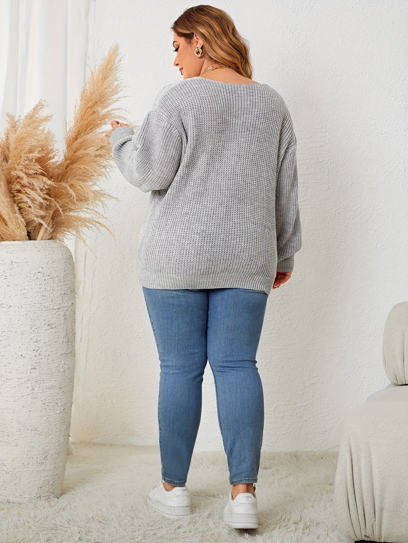Plus Size Solid Long Sleeve Knit Top V Neck Drop Shoulder Pullover