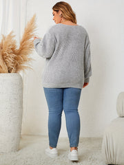 Plus Size Solid Long Sleeve Knit Top V Neck Drop Shoulder Pullover