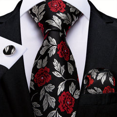 Retro Flowers Pattern Tie Set Classic Flower Necktie Hanky Cufflinks