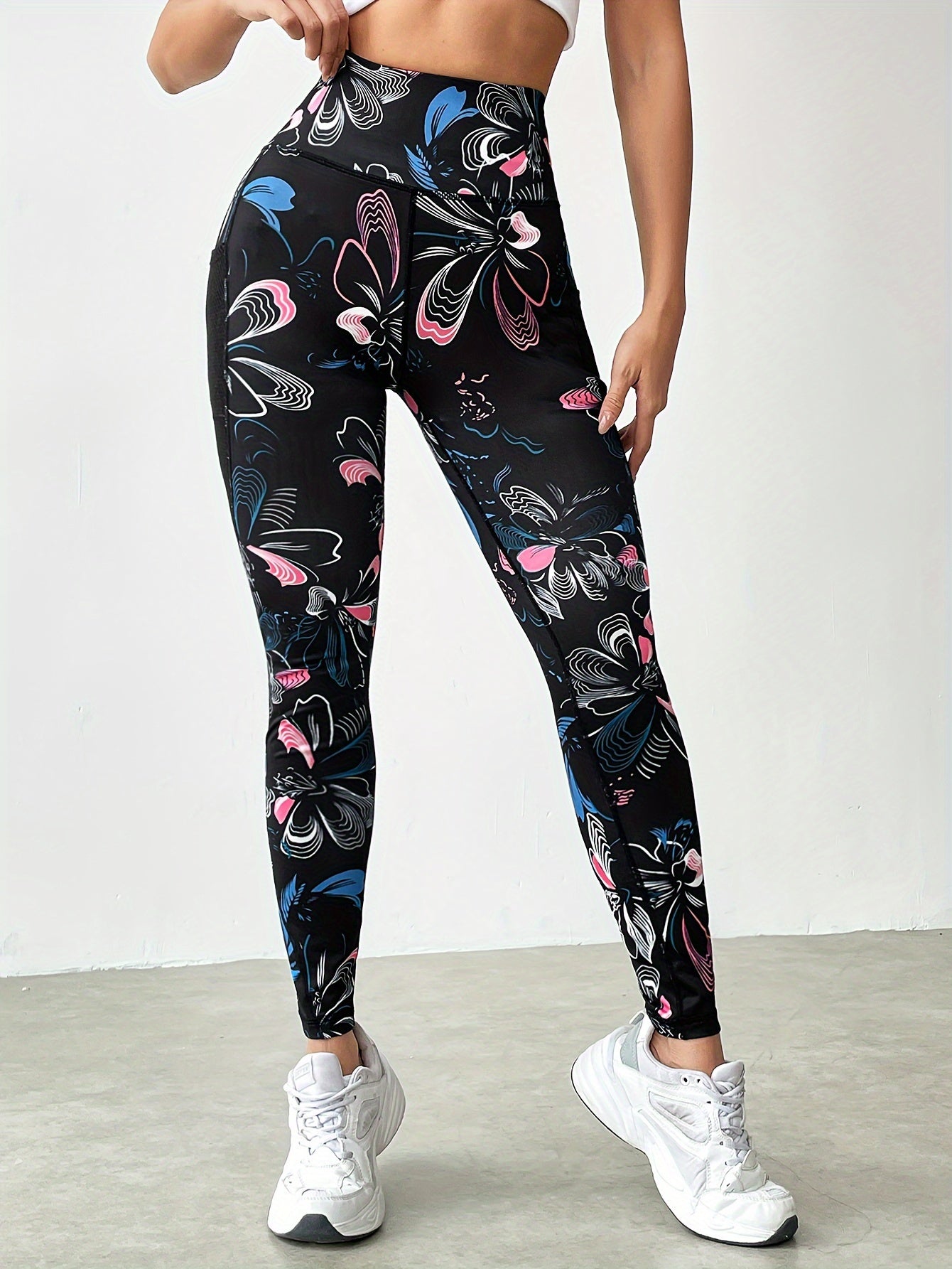 Flower Print Yoga Pants with Phone Pocket High Waist Leggings