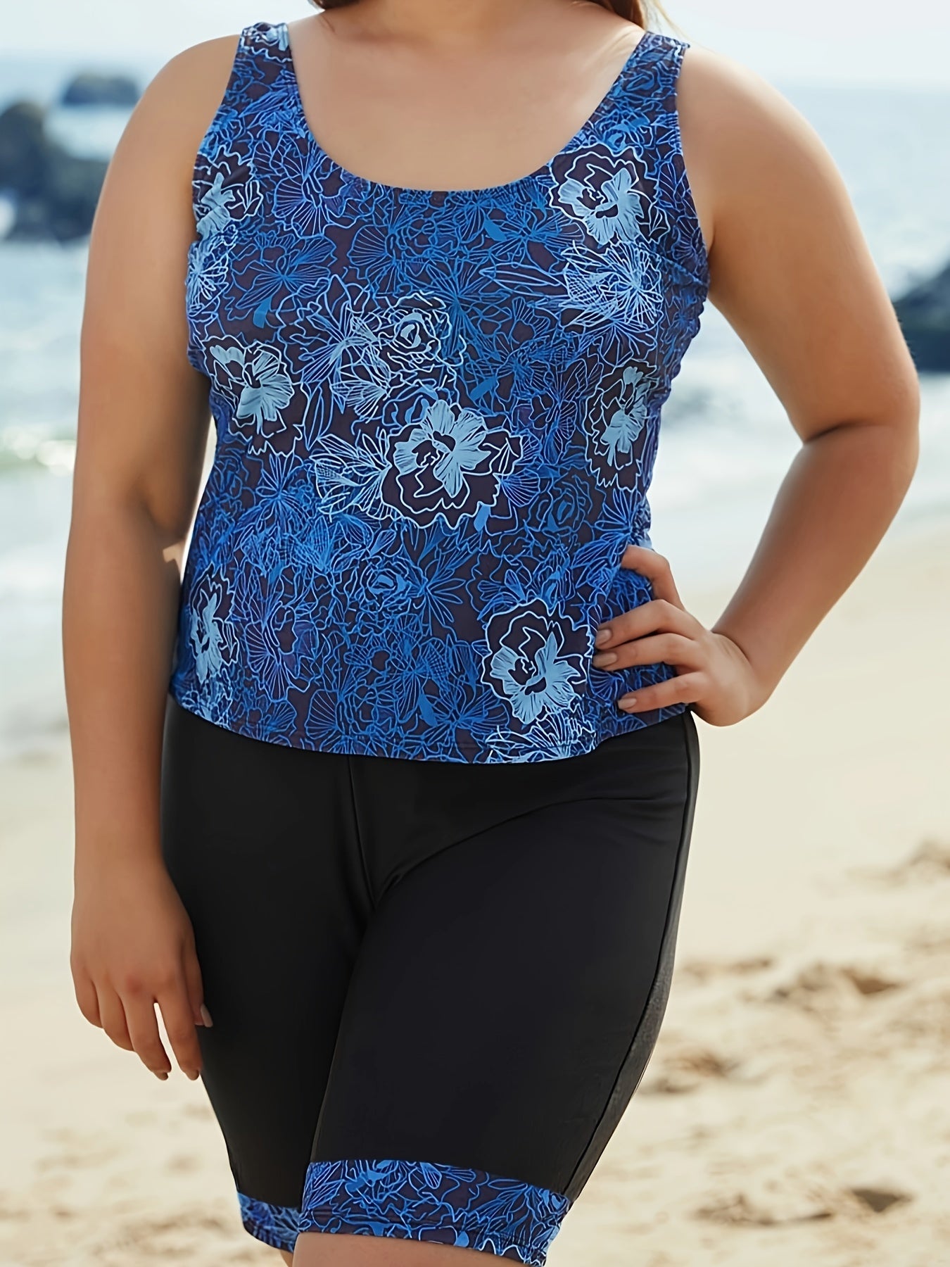 Sporty Tankini Set Floral Print Top & Shorts Swimsuit Plus Size