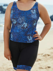 Sporty Tankini Set Floral Print Top & Shorts Swimsuit Plus Size