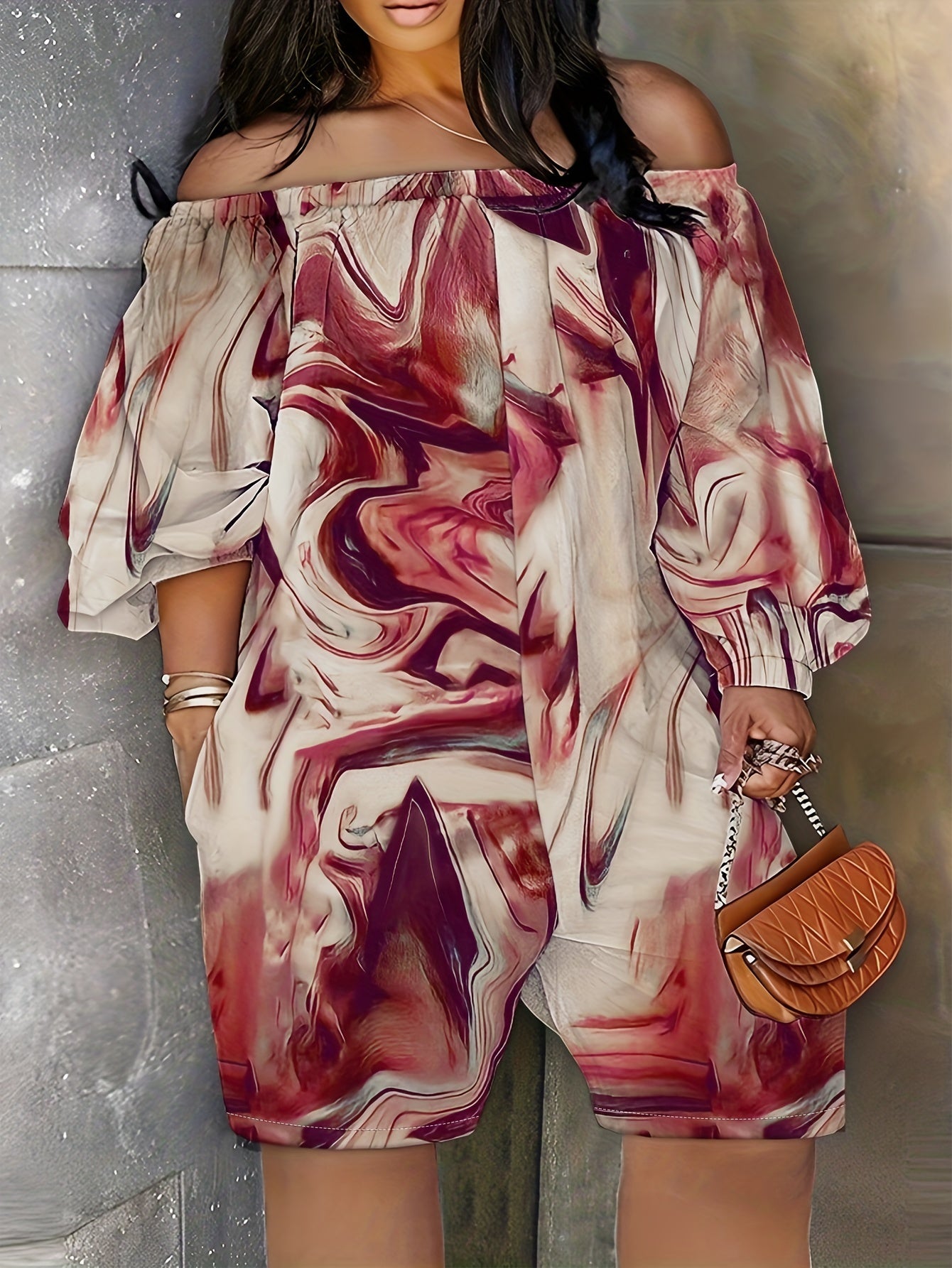 Marble Print Off Shoulder Long Sleeve Jumpsuit with Pockets