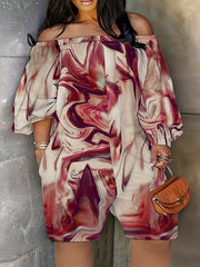 Marble Print Off Shoulder Long Sleeve Jumpsuit with Pockets