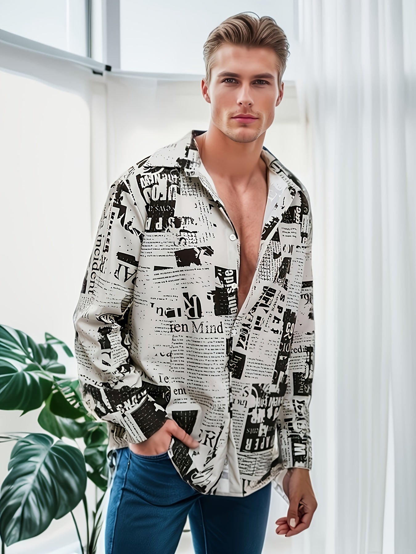 Men's Newspaper Print Casual Shirt
