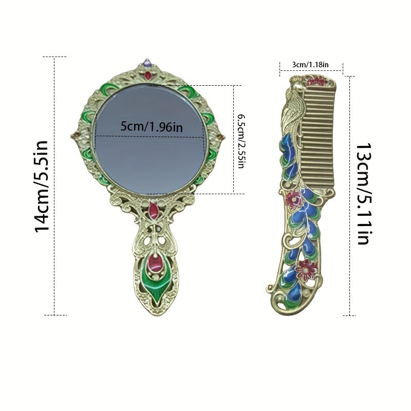 Vintage Mirror Comb Set Peacock Embossed Vanity Makeup Mirror