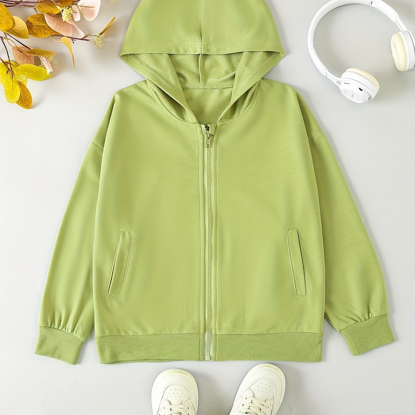 Girl's Solid Zip Up Hoodie Casual Hooded Sweatshirt With Pockets
