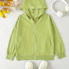 Girl's Solid Zip Up Hoodie Casual Hooded Sweatshirt With Pockets