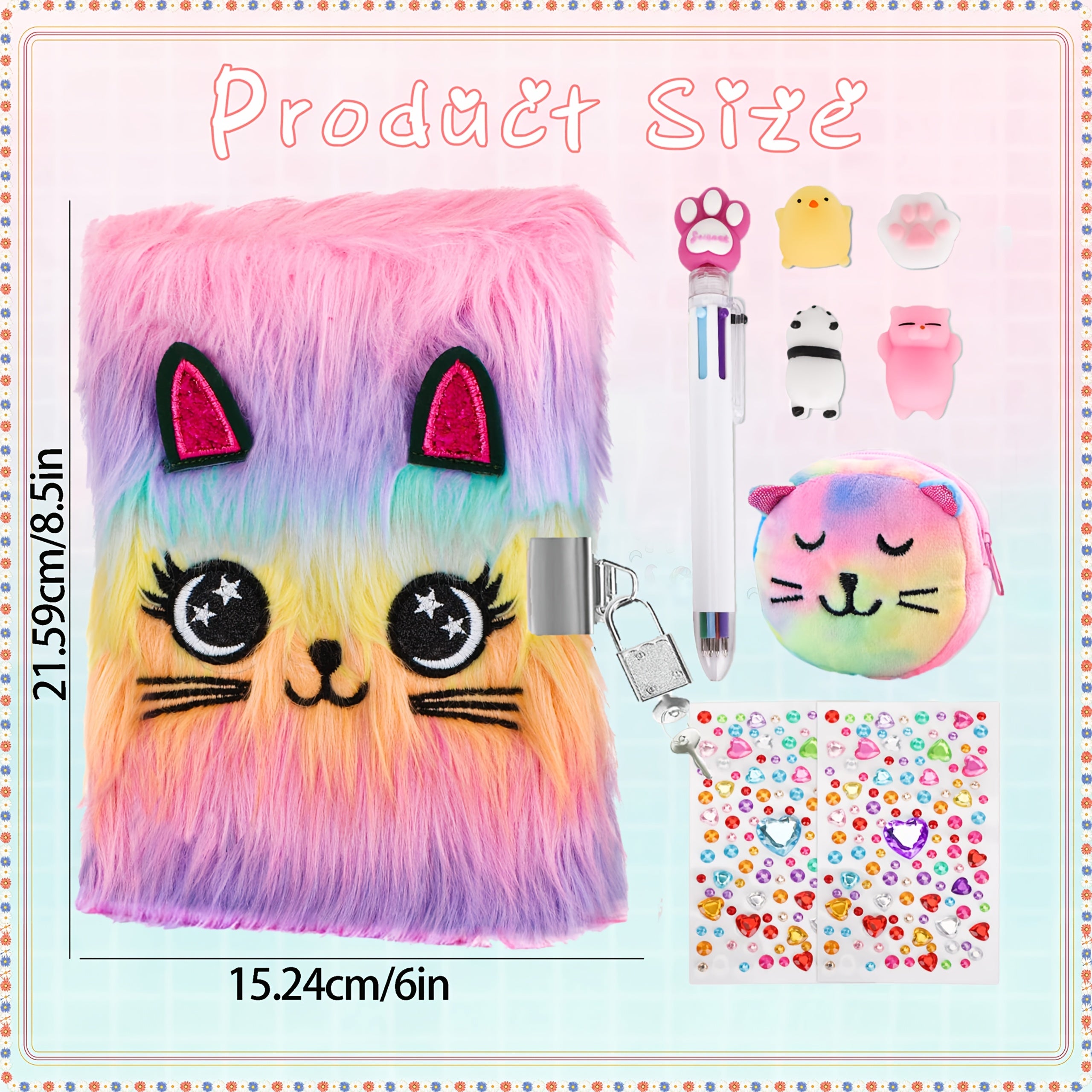 Fluffy Lockable Cat Diary Pastel Pink Plush Notebook for Girls Diary Writing