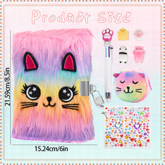 Fluffy Lockable Cat Diary Pastel Pink Plush Notebook for Girls Diary Writing