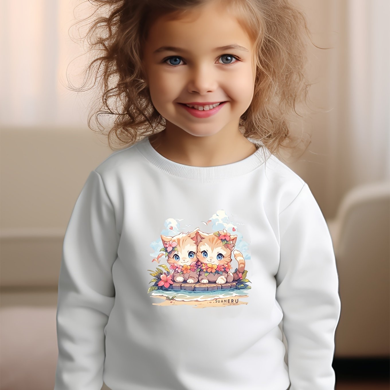 Girls Cats Pattern Crew Neck Sweatshirt Spring Fall Christmas Gift