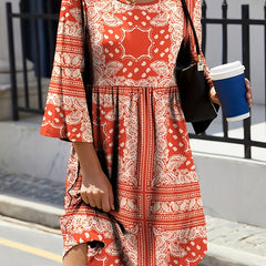 Boho Dress Paisley Print Bell Sleeve Round Neck Dress