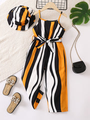 2pcs Toddler Girls Striped Belted Jumpsuit & Hat Set