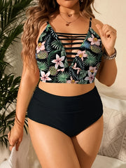 Tropical Print Cut Out V Neck Cami Top & Underwear Swimsuit Set