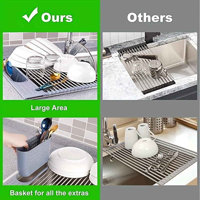 Stainless Steel Roll Up Dish Drying Rack with Utensil Holder