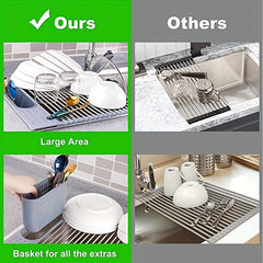 Stainless Steel Roll Up Dish Drying Rack with Utensil Holder