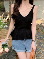 Ruffle Trim Tank Top Sleeveless Solid Summer Sexy Top