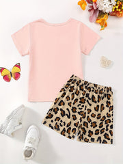 Girls Leopard Heart Graphic Tee & Shorts Loungewear Set