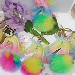 Lace Unicorn Fur Ball Keychain Bag PU Leather Plush Pendant
