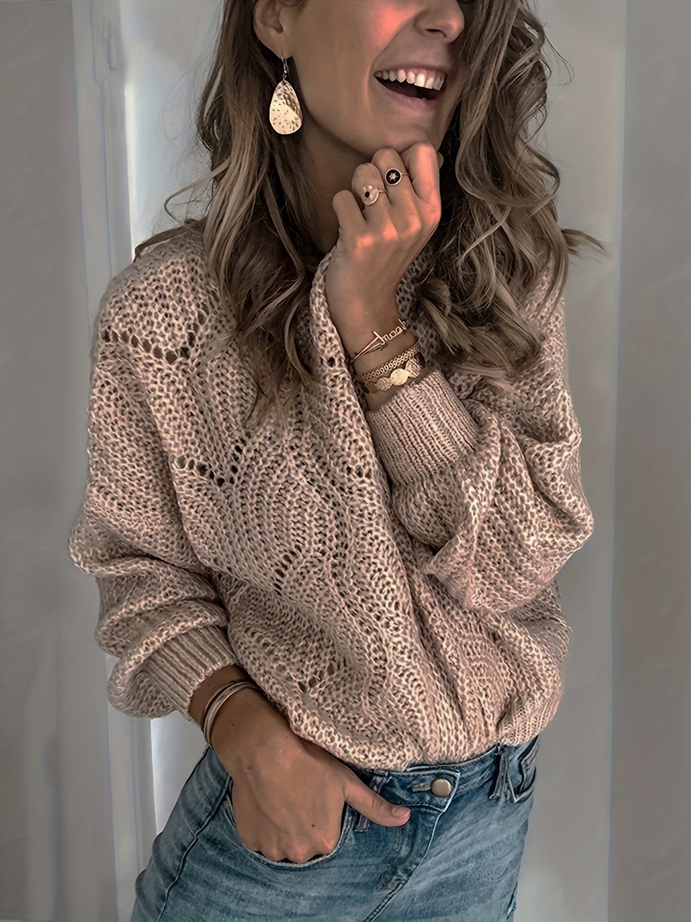 Casual Hollow Out Long Sleeve Plus Size Sweater