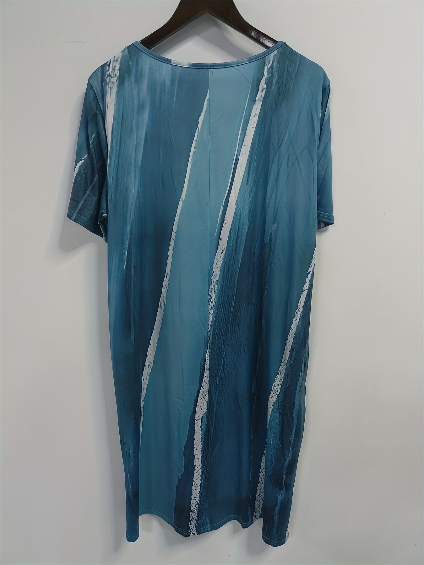 Stripe Print Short Sleeve Round Neck Pleated Dress