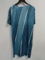 Stripe Print Short Sleeve Round Neck Pleated Dress