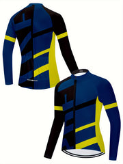 Men's Block Zipper Cycling Jersey Stretch Breathable Long Sleeve T-shirt