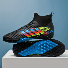 Boy's High Top Striped Football Boots Outdoor Anti skid Lace Up Soccer Cleats