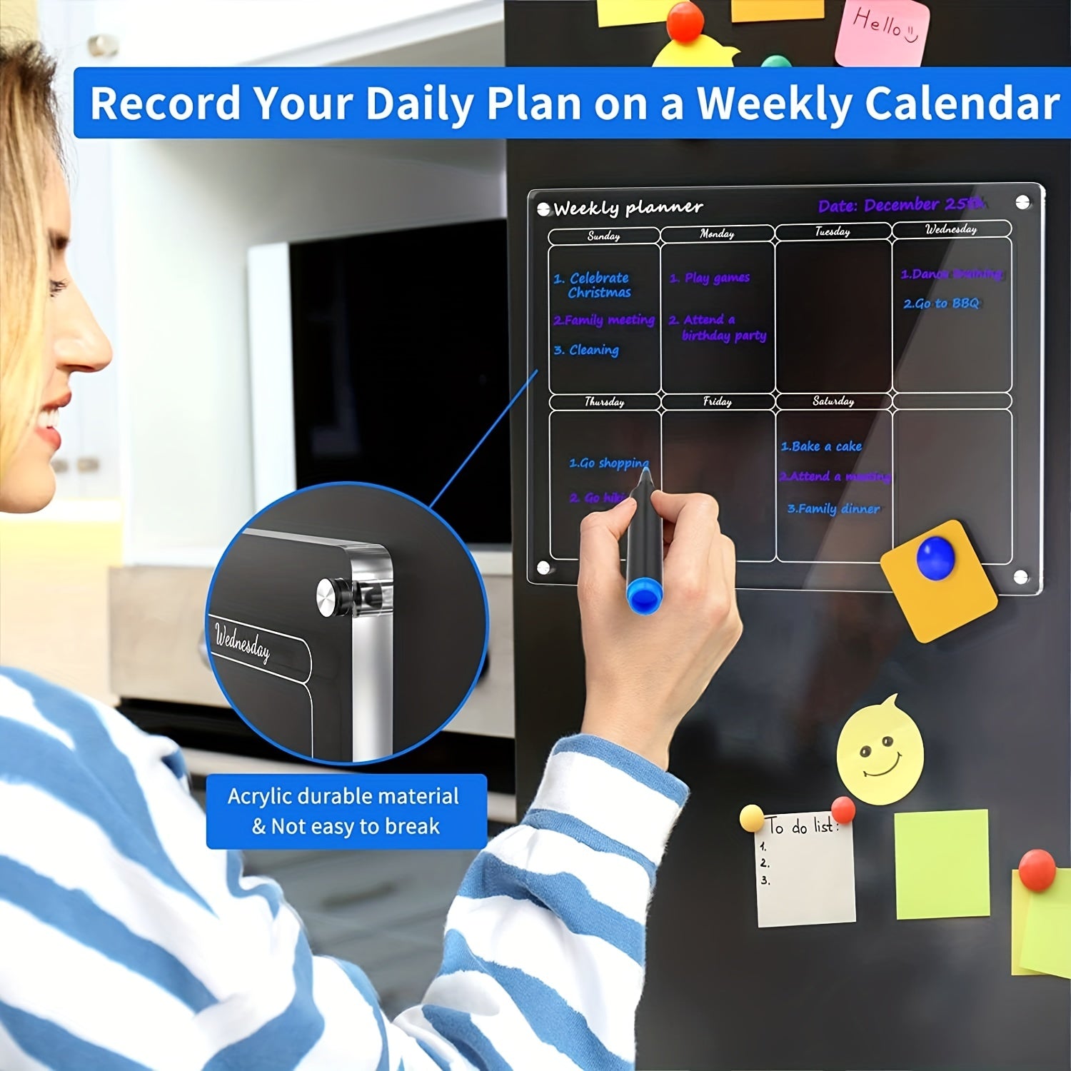 Clear Acrylic Magnetic Weekly Calendar For Fridge - Reusable Whiteboard Planner