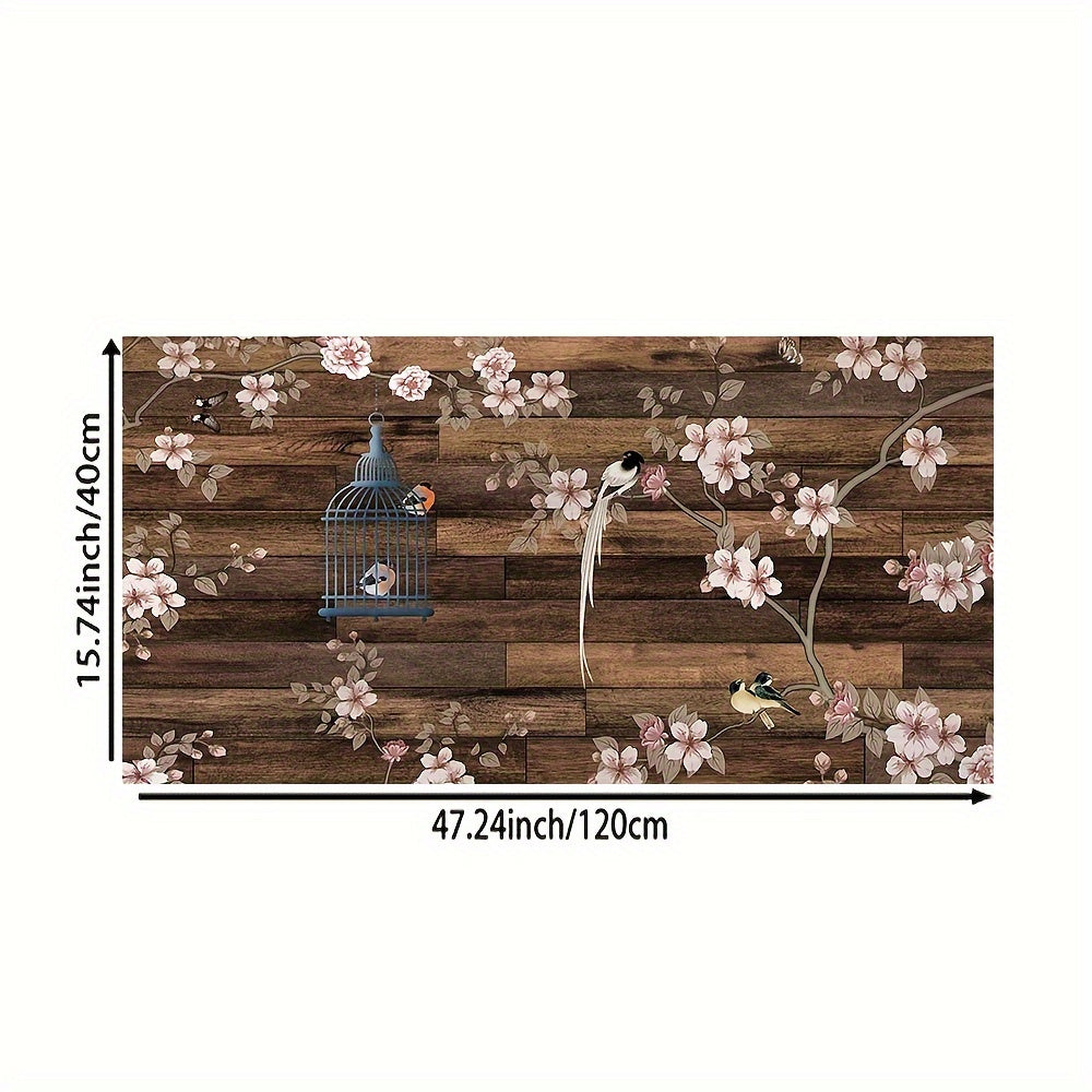 Wooden Striped Area Rug Flower And Bird Pattern Carpet Machine Washable