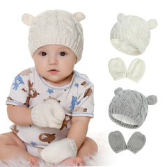 2pcs Baby Boys Bear Ear Beanie Knitted Hat And Gloves Set