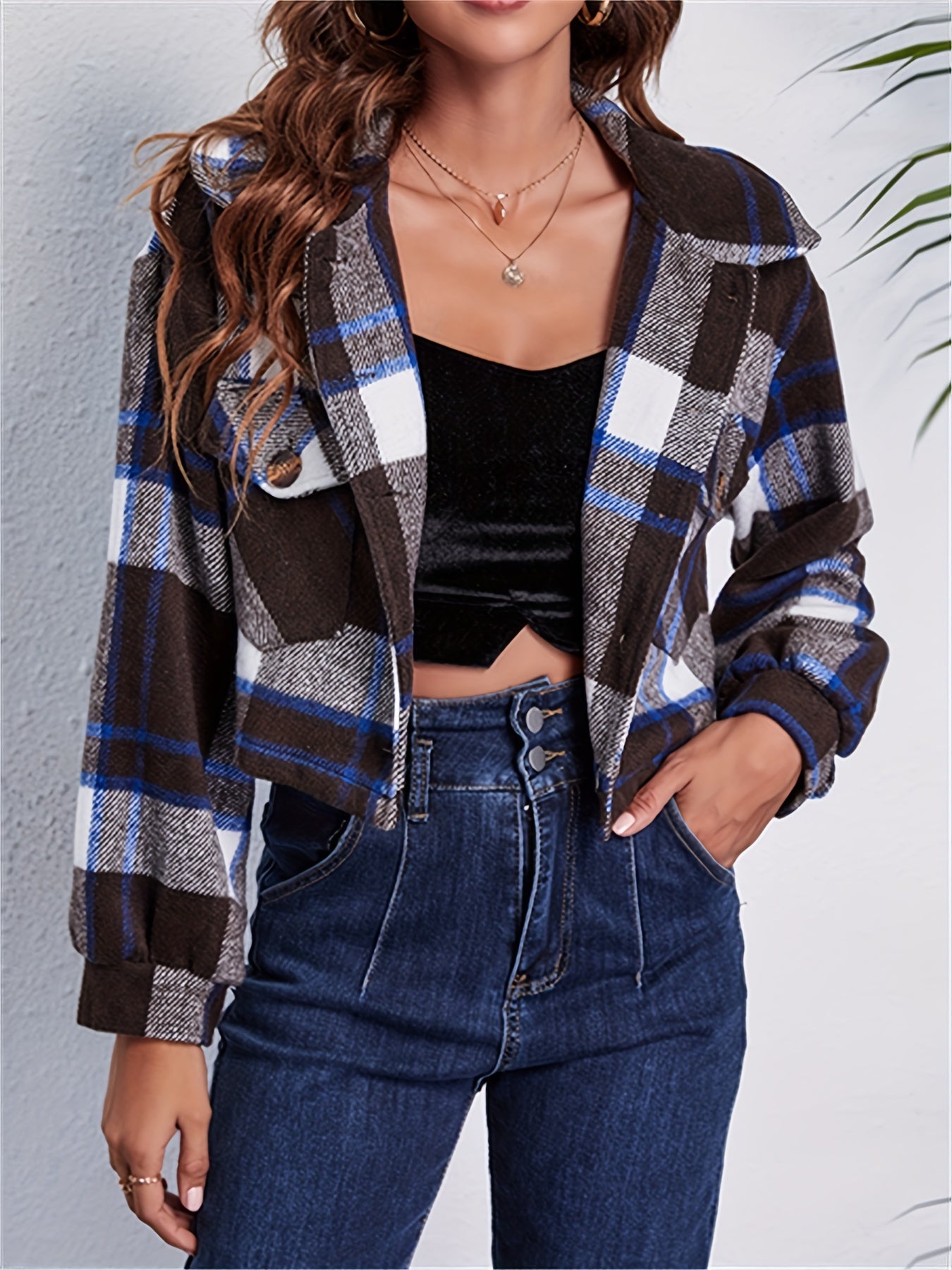 Plaid Crop Jacket Long Sleeve Casual Winter Clothing