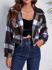 Plaid Crop Jacket Long Sleeve Casual Winter Clothing