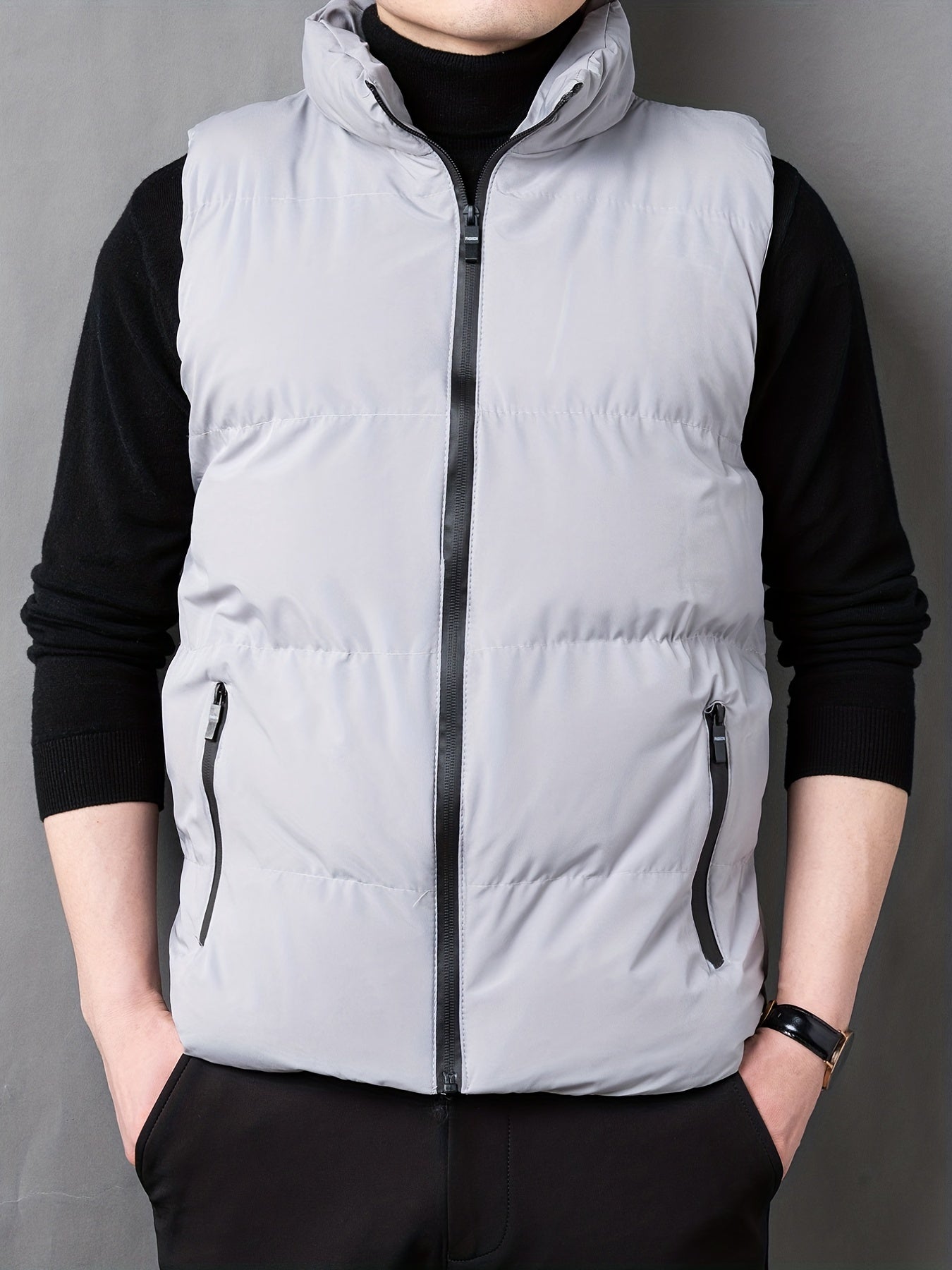 Men's Zip Up Pockets Stand Collar Winter Vest