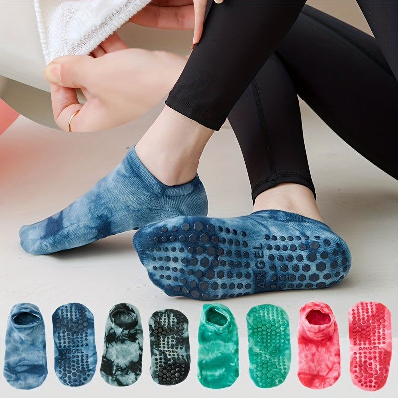 4 Pairs Tie Dye Yoga Short Grip Socks Non-slip Silicone Bottom Comfortable