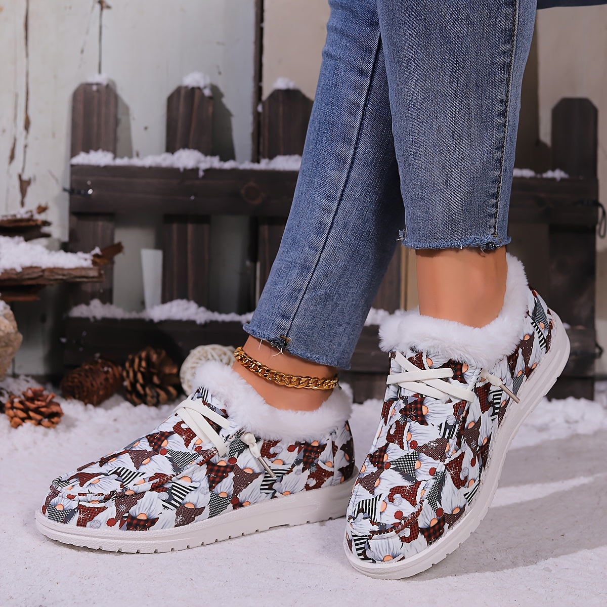 Christmas Style Snow Boots Santa Claus Pattern Plush Comfort Flats