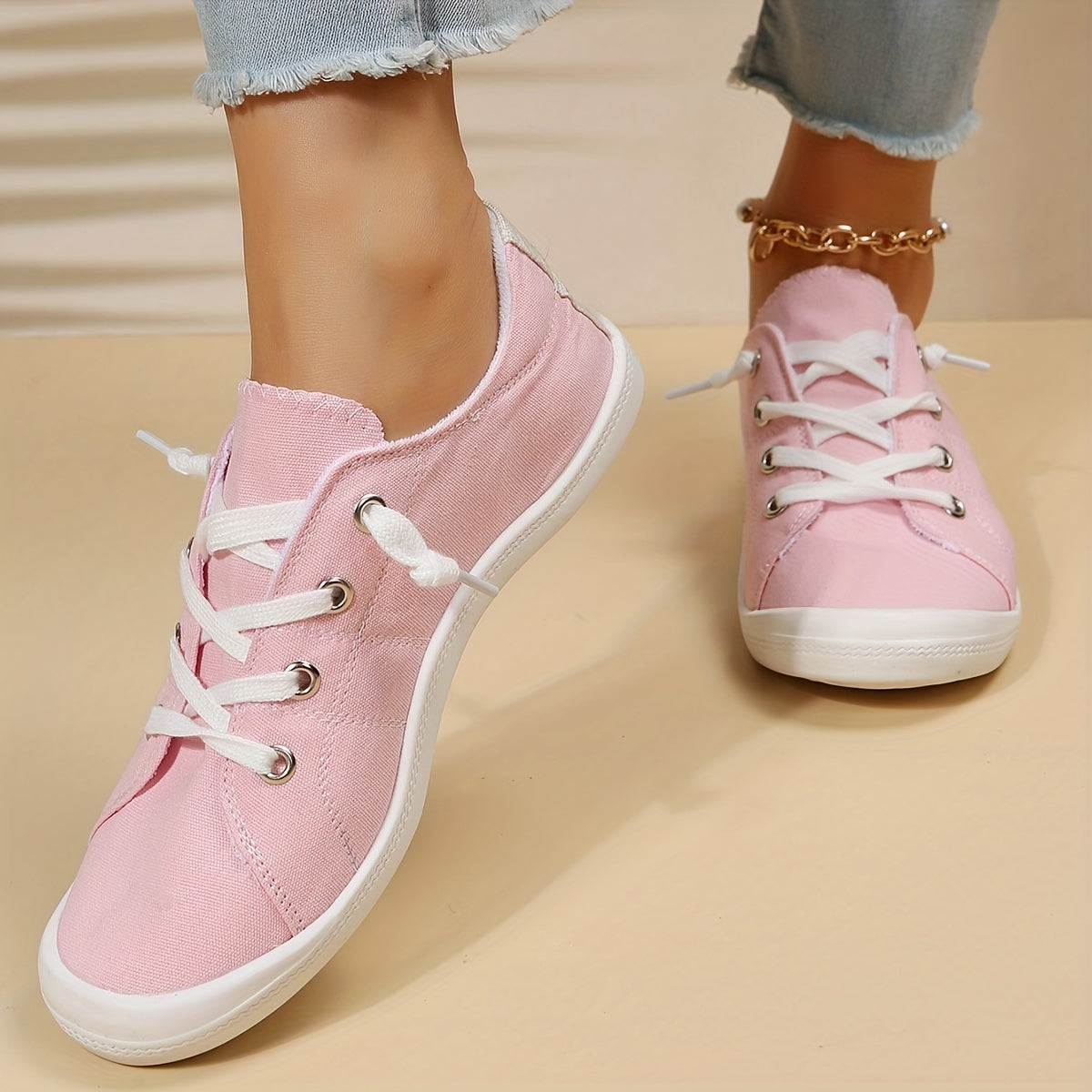 Women's Pink Canvas Low Top Lace Up Sneakers
