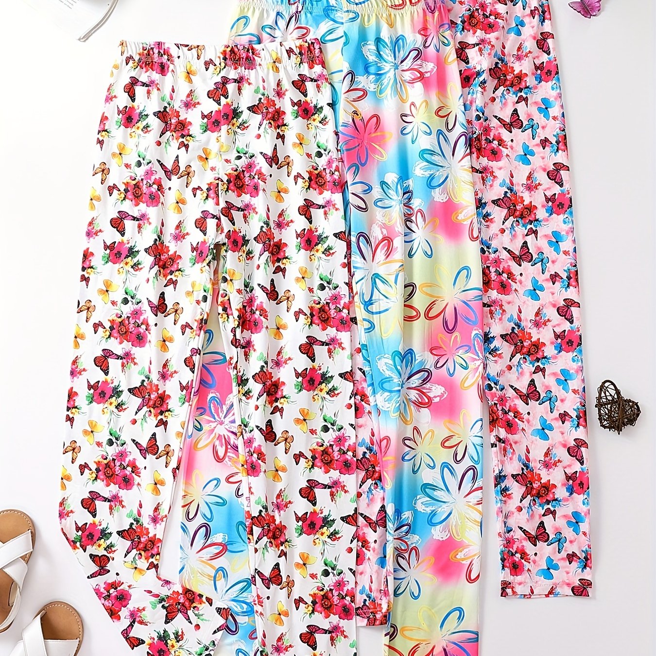 Girls Butterfly & Flowers Print Yoga Pants, Slim Fit Leggings