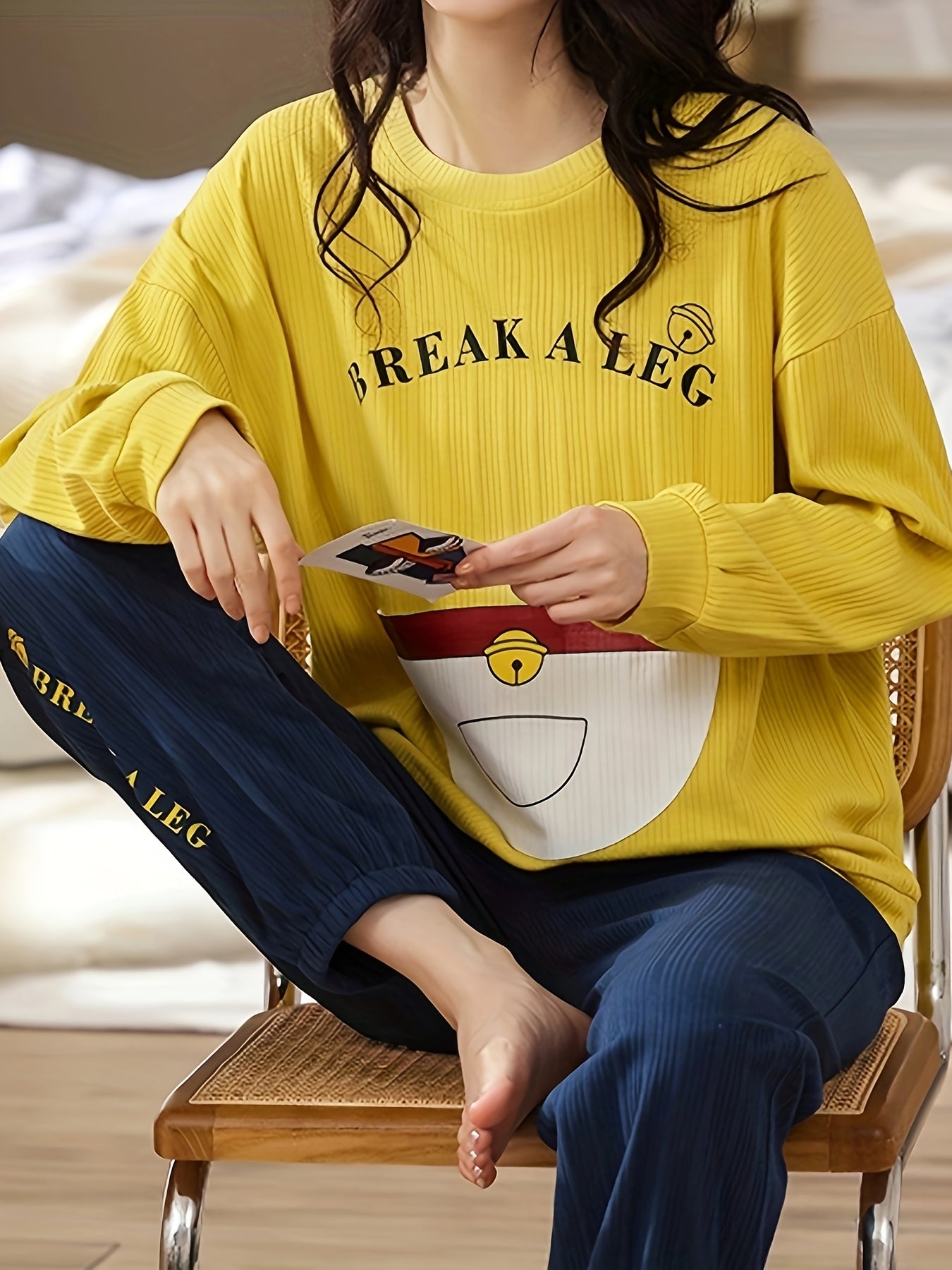 Letter Print Pajama Set Long Sleeve Top & Pants Women's Sleepwear
