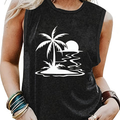 Landscape Print Crew Neck Tank Top for Summer