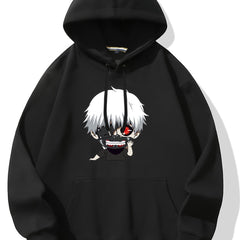 Anime Print Hoodie Fleece Pullover Active Hooded Sweatshirt