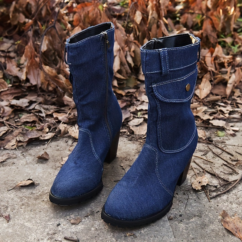 Women's Denim Mid Calf Boots Side Zipper Chunky High Heeled Boots