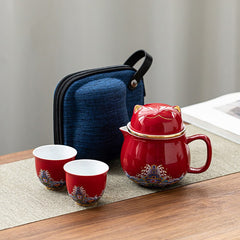 Portable Lucky Cat Tea Set with Teapot, Tea Strainer & 2 Teacups