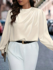 Frenchy Blouse Solid Ruched Puff Sleeve Keyhole Back Round Neck Blouse