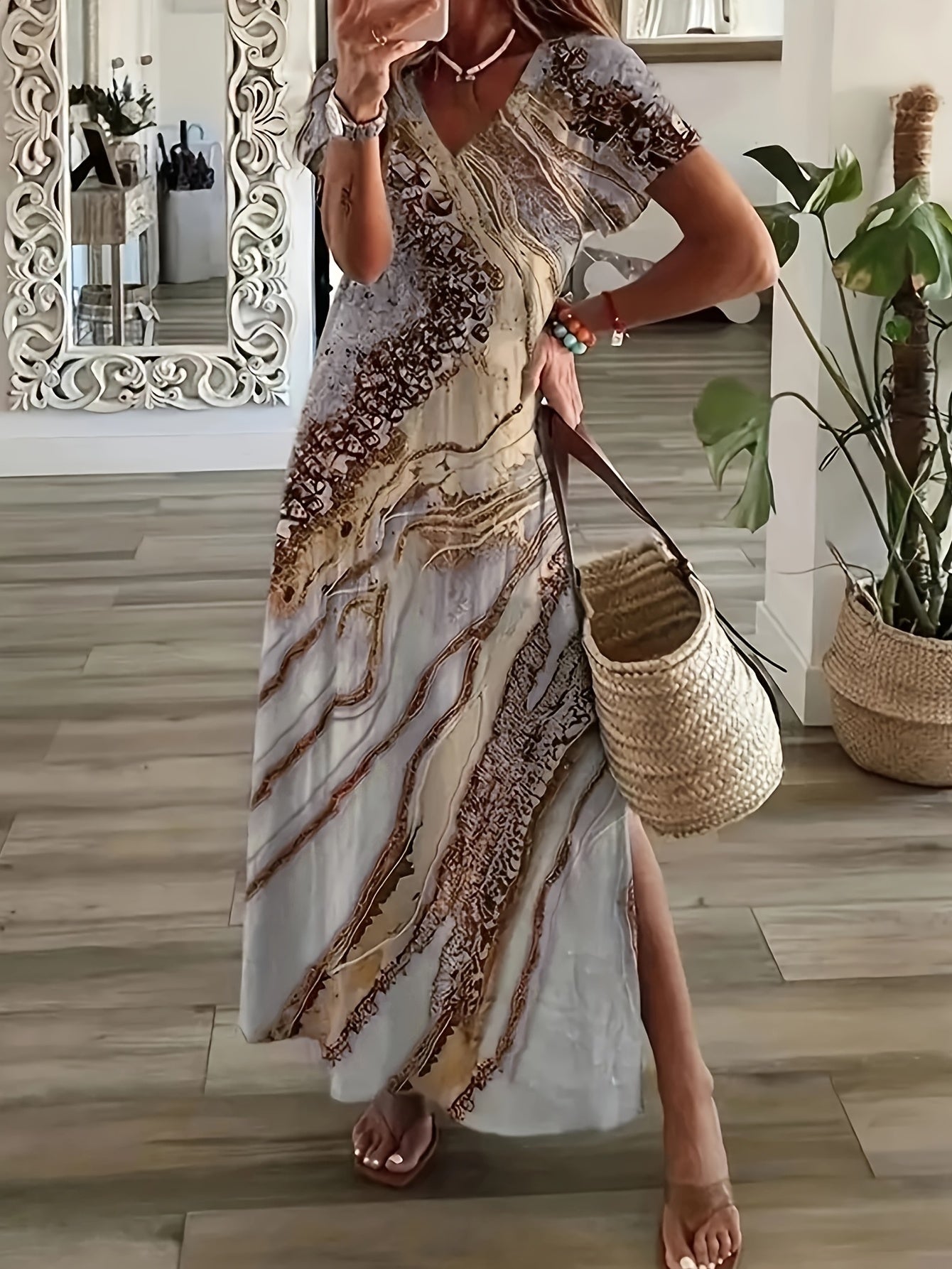 Vintage V Neck Maxi Dress Women's Clothing