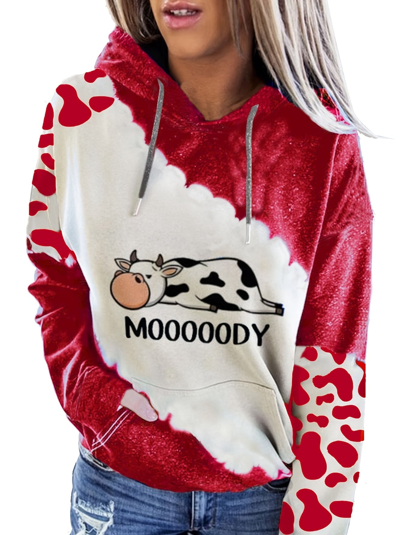 Cow & Letter Print Hoodies Casual Drawstring Kangaroo Pocket