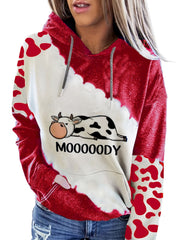 Cow & Letter Print Hoodies Casual Drawstring Kangaroo Pocket
