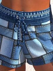 Denim Print Bikini Set Halter Bra & Tie Front Shorts Swimsuit